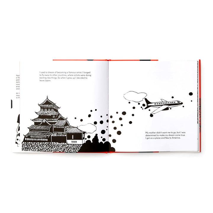 Open book, "Yayoi Kusama Covered Everything in Dots and Wasn't Sorry" by Guggenheim Museum, with B&W drawings.