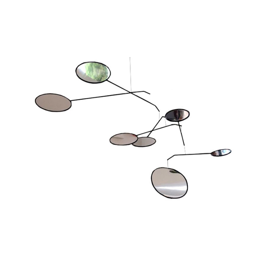 The Lumen Mobile, Mylar by Hotchkiss features six differently sized circular mirrors on slim black rods, creating a sleek, modern display suspended against a plain white background.