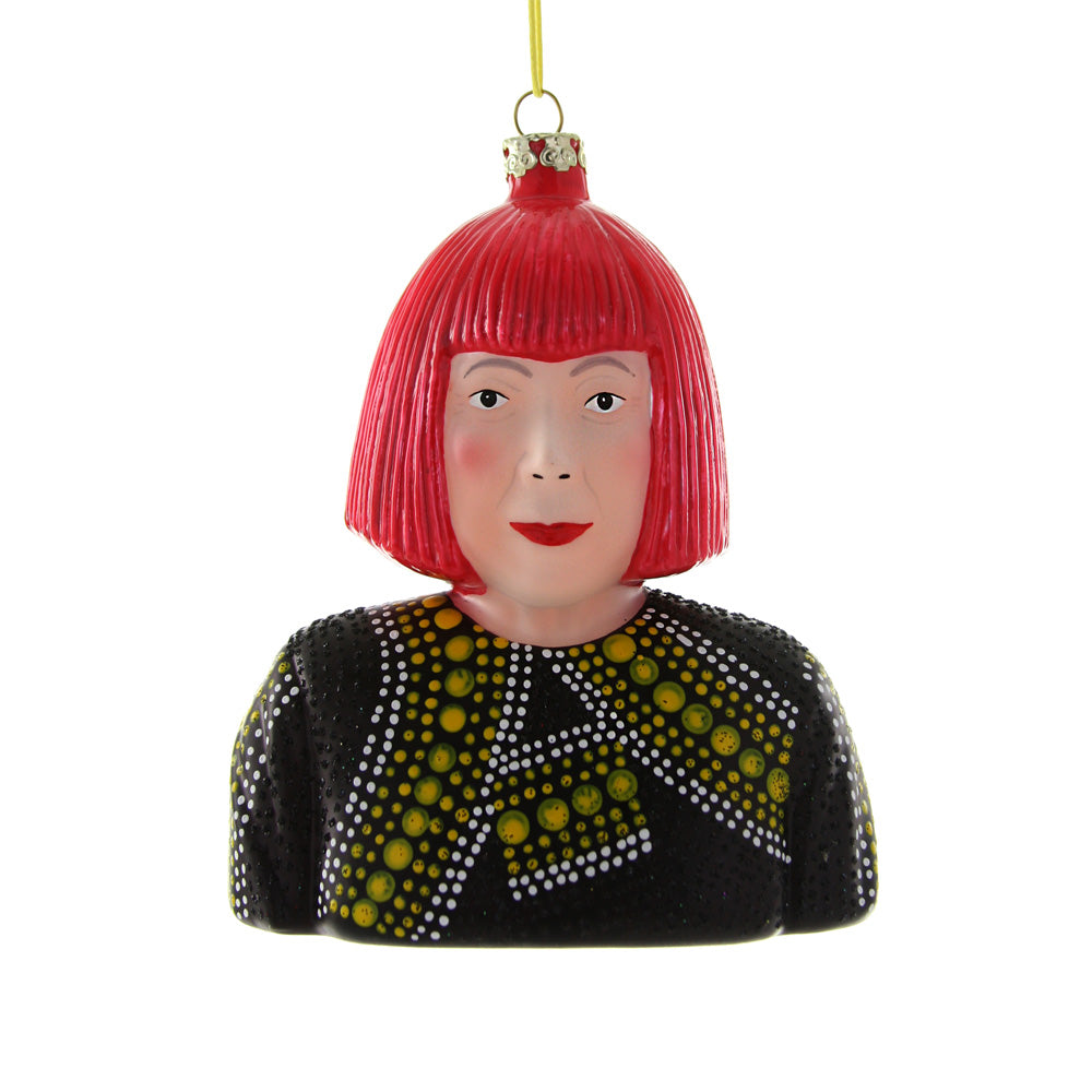Kusama Ornament by Guggenheim Museum: woman-shaped Christmas tree ornament with red bob and polka dot top.