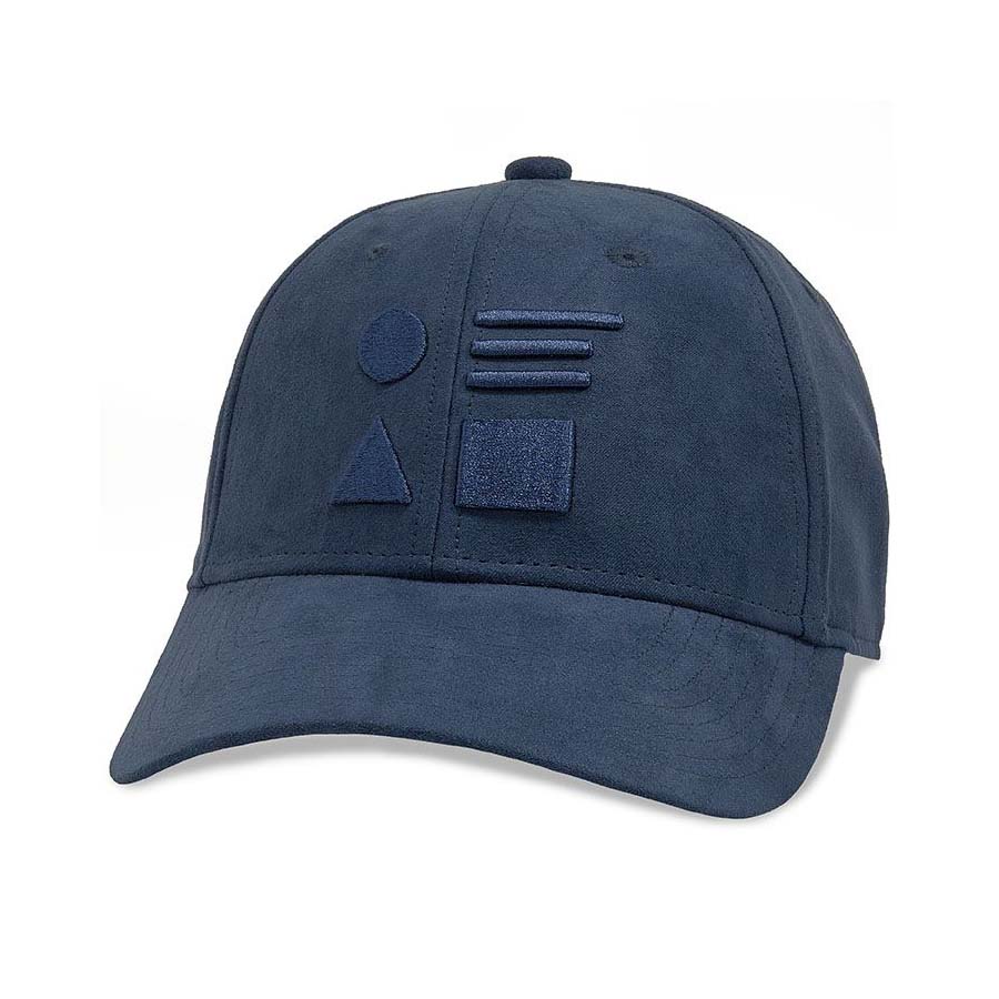 The Frank Lloyd Wright Shapes Hat is a navy cap with an adjustable backstrap, featuring four dark blue geometric shapes—circle, triangle, three horizontal lines, and square—embroidered on the front.