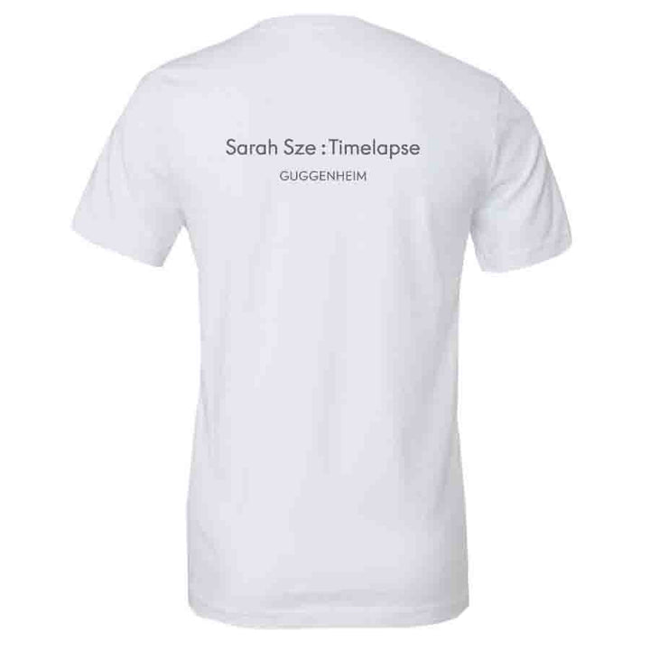 The unisex Sarah Sze: Timelapse Exhibition T-Shirt is shown from the back with "Sarah Sze : Timelapse" and "GUGGENHEIM" printed in black near the upper center—a must-have from the Guggenheim Museum.