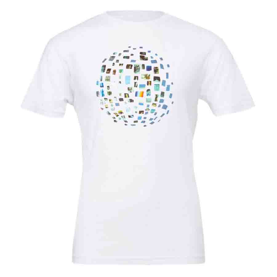 The Sarah Sze: Timelapse Exhibition T-Shirt, Unisex, features a globe-inspired chest design with vibrant rectangular images in a circular pattern, echoing the artist's Timelapse series from the Guggenheim Museum collection.
