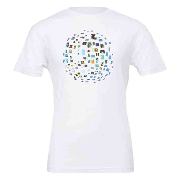 The Sarah Sze: Timelapse Exhibition T-Shirt, Unisex, features a front-center graphic of a globe made from colorful rectangular images arranged in a circular pattern, inspired by the artist’s Timelapse series.