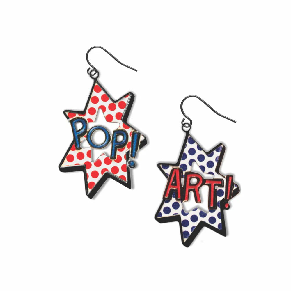 Pop Art Earrings by Guggenheim Museum: red dots on one, blue dots on the other—comic-inspired statement jewelry.