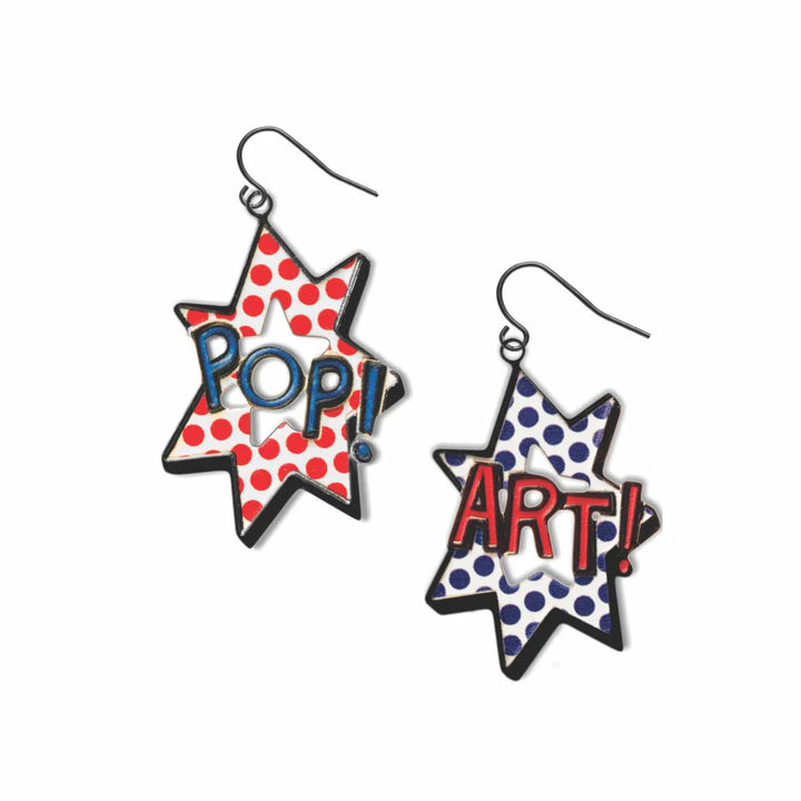 Pop Art Earrings by Guggenheim Museum: red dots on one, blue dots on the other—comic-inspired statement jewelry.