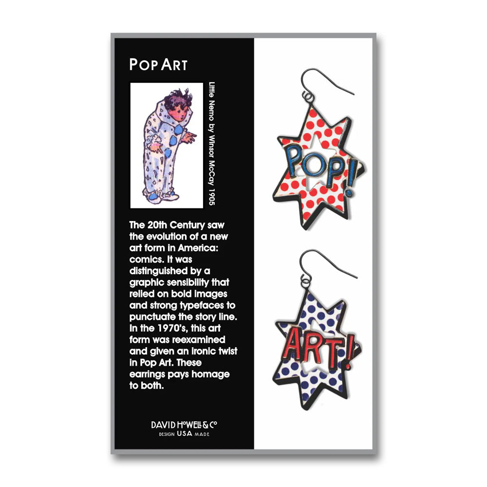 A card explains 1970s Pop Art with Guggenheim's Pop Art Earrings, Red Dots/Blue Dots, reading POP! and ART!.