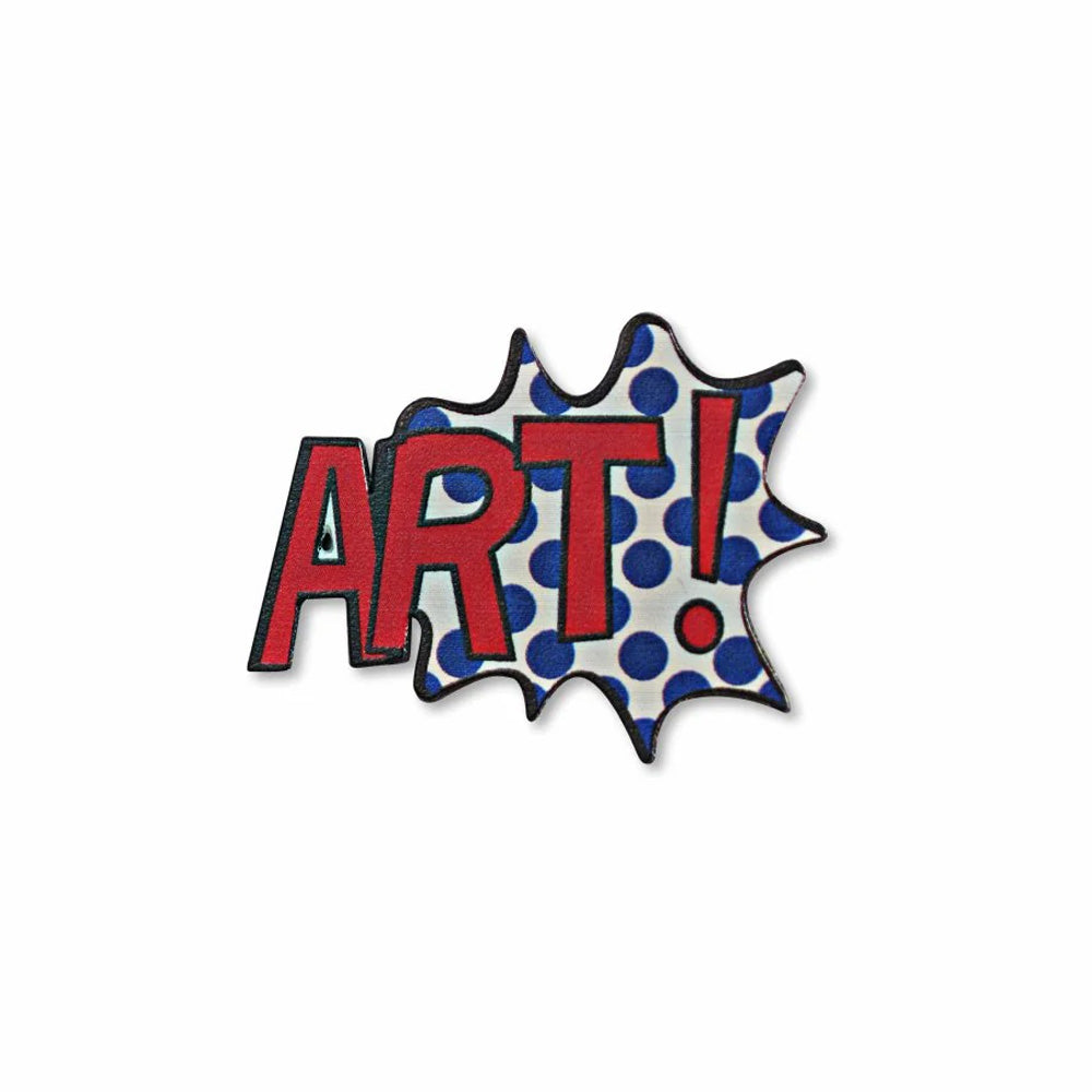The Guggenheim Museum Pop Art Pin features bold red ART! with a blue polka dot comic burst behind it.