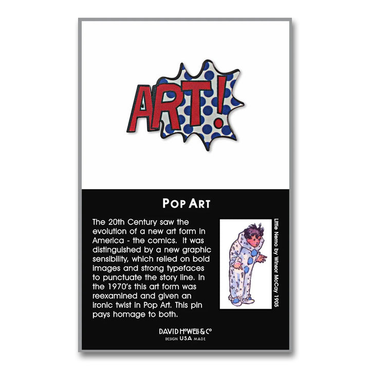 The Guggenheim Museum Pop Art Pin features comic art text and a cartoon sad clown, plus info on pop art history.