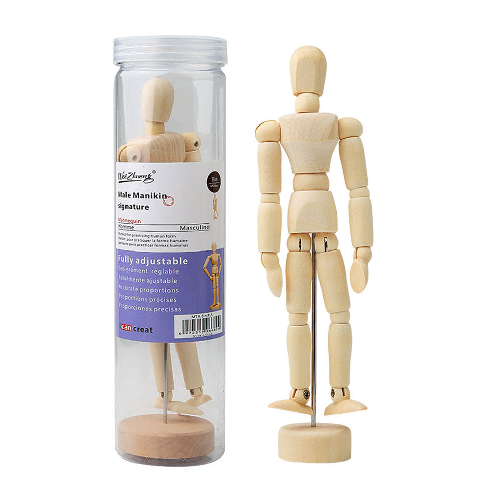 Guggenheim Museum Wooden Man Figurine—ideal drawing reference or decor, posed beside a clear container.