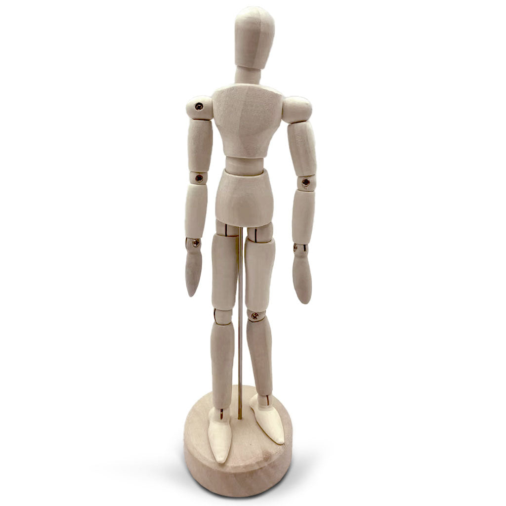 The Artist's Posable Wooden Mannequin stands upright on a round base against a white background, with its arms hanging down and legs straight.