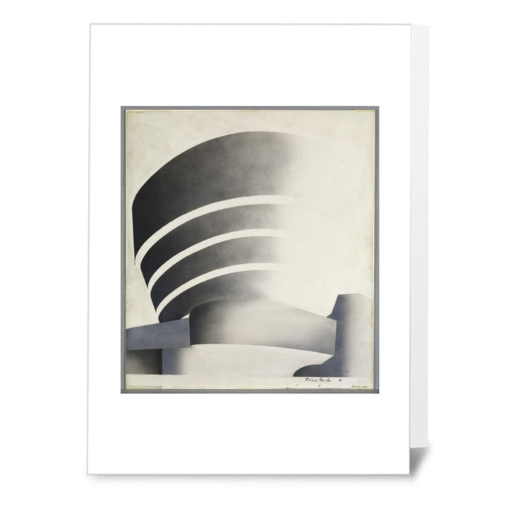 The Guggenheim Richard Hamilton Notecard, Mono features a black and white abstract illustration of the museum’s spiraling exterior with bold curved lines and geometric shapes on a white background, framed by a white mat.