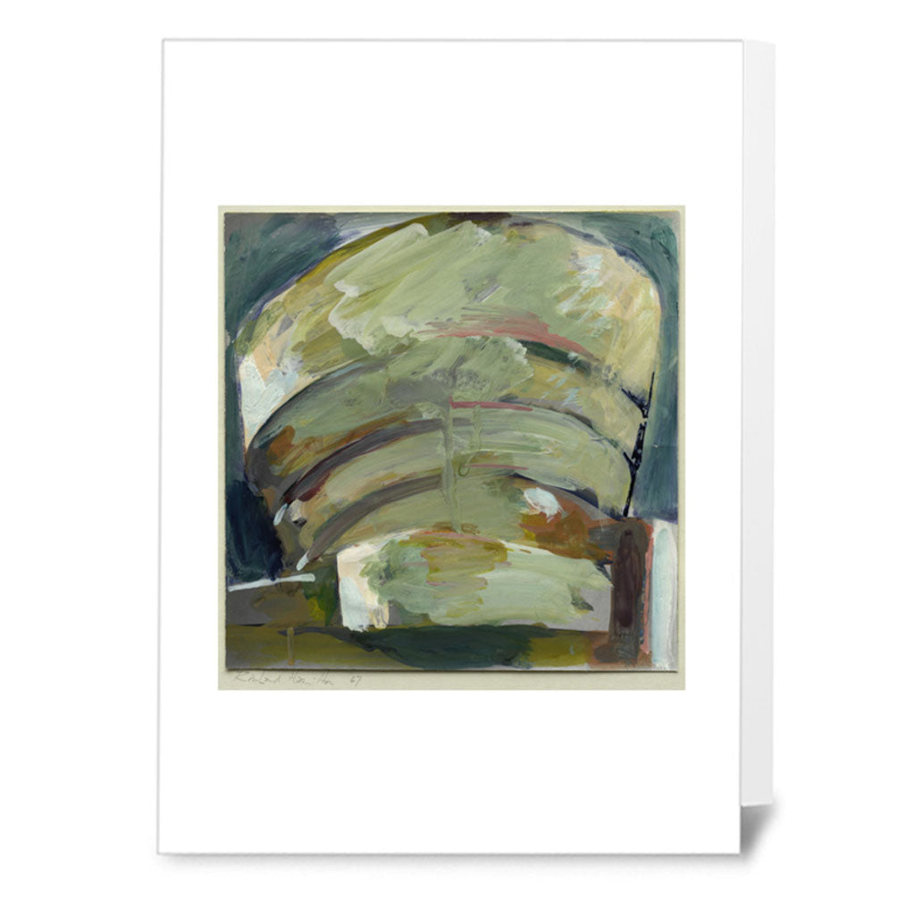 The Guggenheim Richard Hamilton Notecard, Color features abstract, curved green and brown brushstrokes on a white mat. Its layered earth tones evoke Hamilton's style—making it a unique museum souvenir or collector’s notecard.