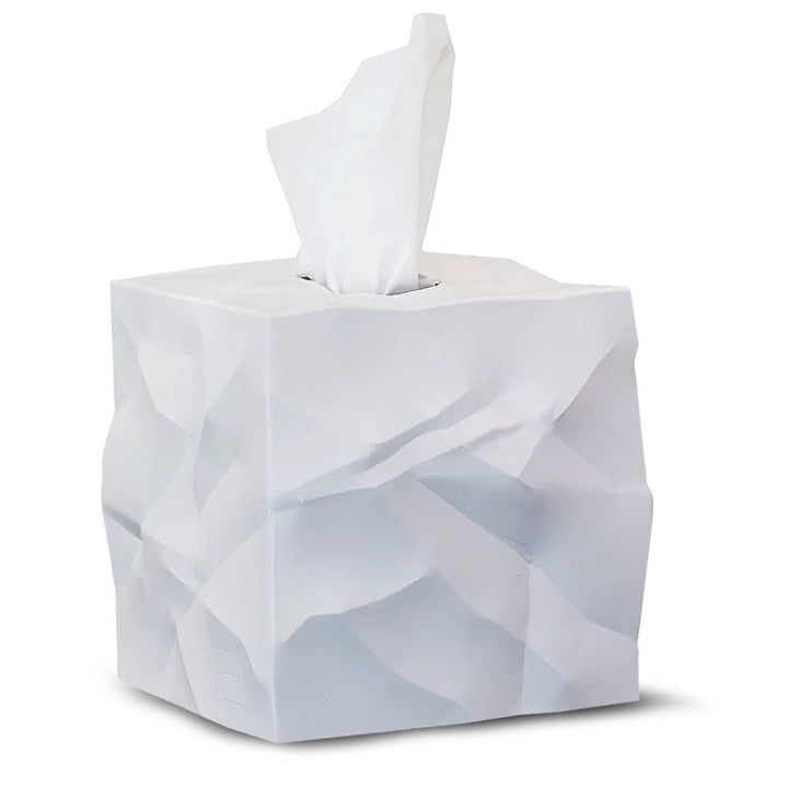 The Crumpled Paper Tissue Box Holder is a white cover with a geometric, faceted design resembling crumpled paper—an eye-catching accessory ideal for modern decor, with a tissue slot on top for easy access.