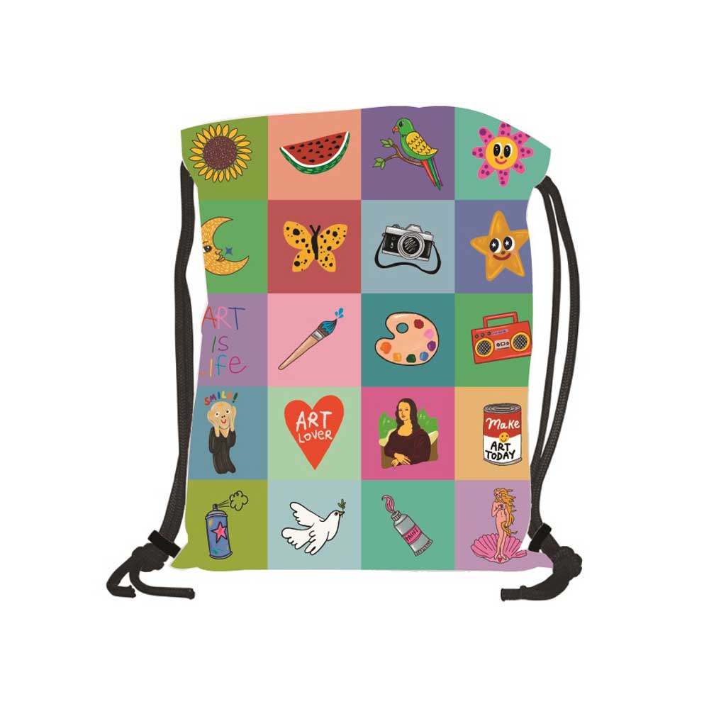The Art Icons Drawstring Bag features wearable art inspired by Humberto Cruz, with a grid of 20 playful illustrations—sunflower, watermelon slice, parrot, camera, paint palette, butterfly, star, and more art-themed icons.