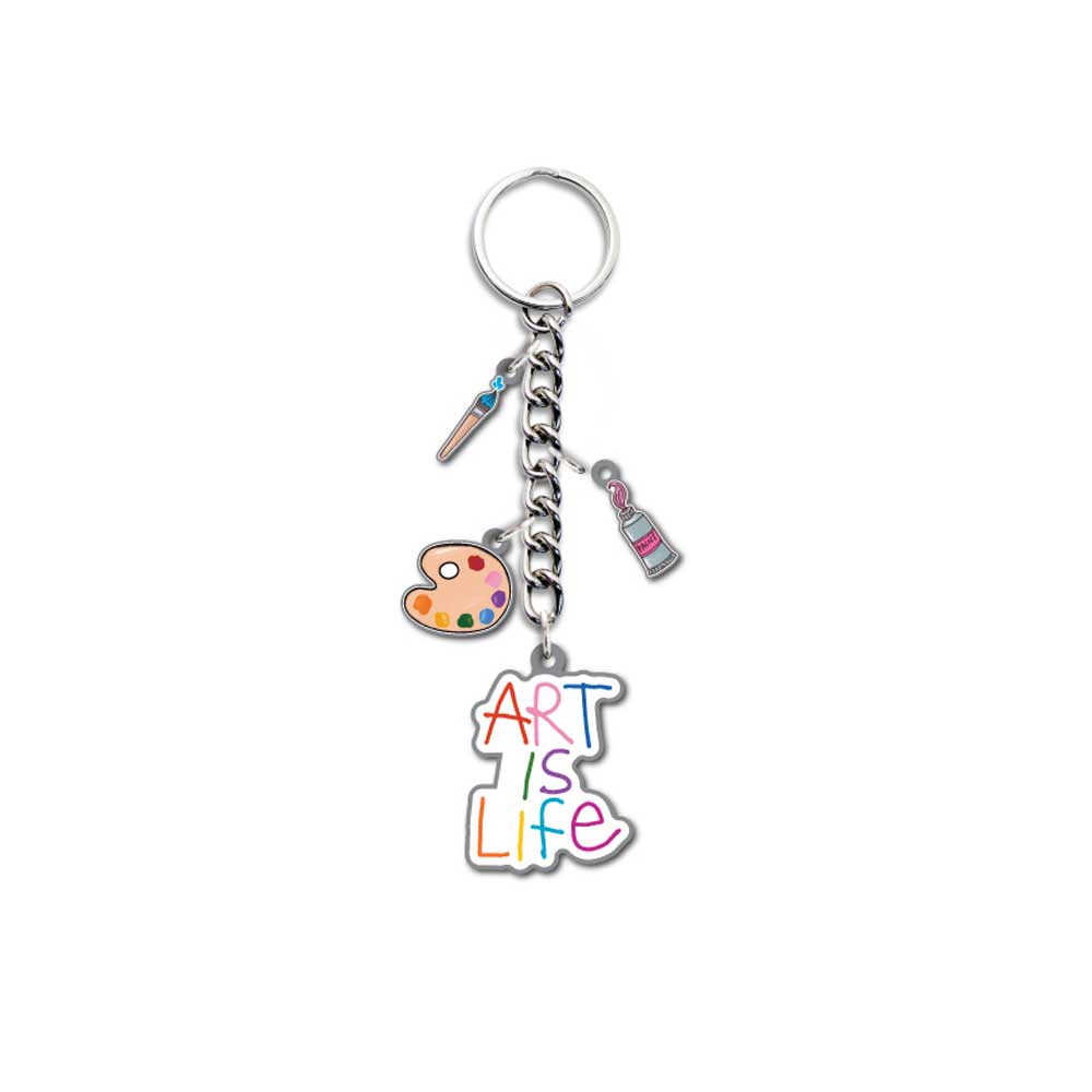 The Art Is Life Key Chain features colorful charms—a paintbrush, palette, paint tube, and “ART IS LIFE” pendant—making it the perfect accessory for creative spirits.