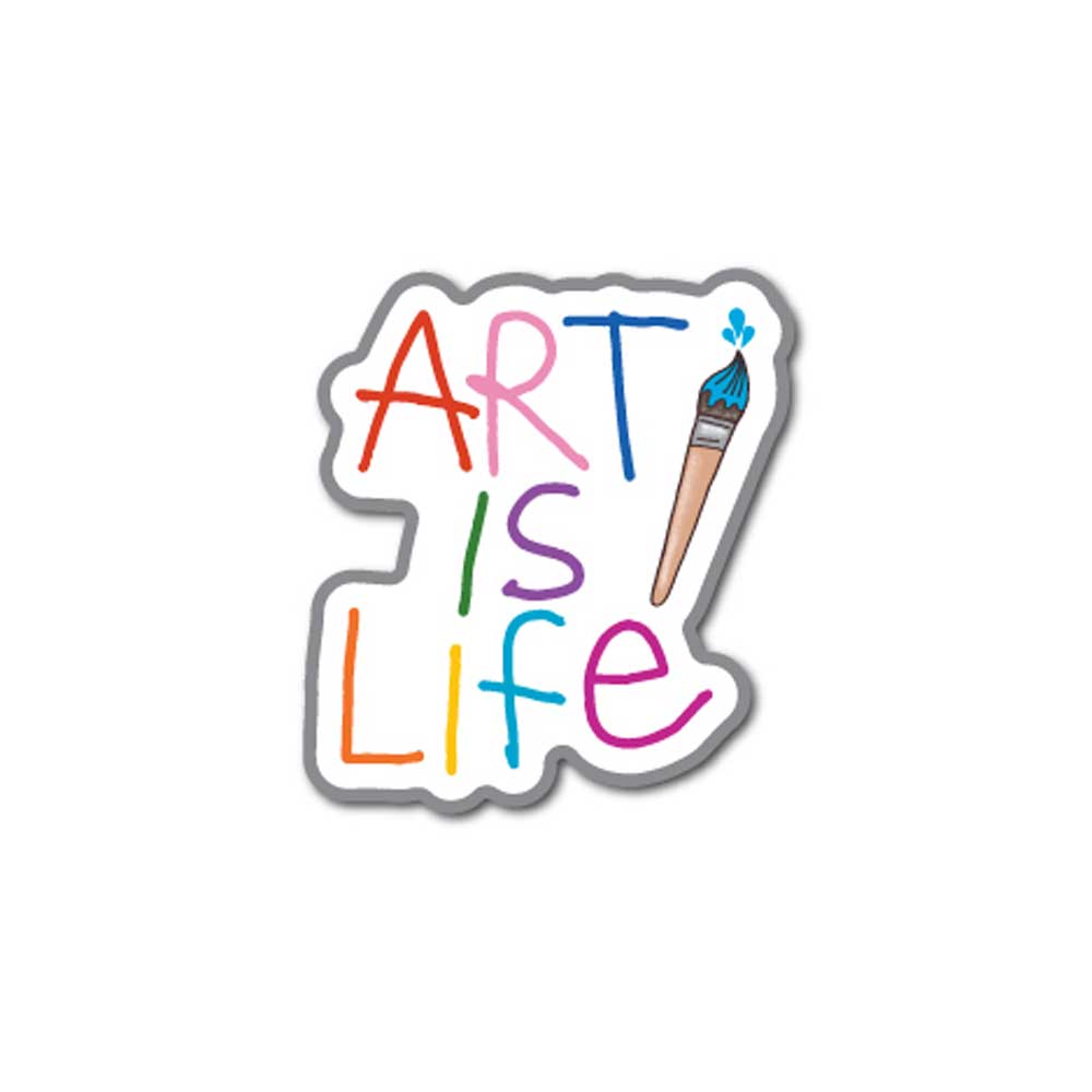 The Art is Life Magnet features colorful hand-drawn text with a paintbrush as the "I" in ART, designed by Humberto Cruz. Its vibrant design on a white background makes it a perfect keepsake for artists and art lovers alike.