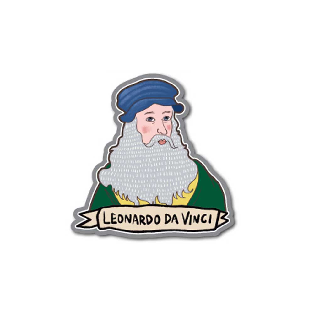 Leonardo Da Vinci Magnet featuring a cartoon Leonardo with gray beard, blue cap, and colorful attire—Humberto Cruz–inspired design. Banner reads LEONARDO DA VINCI. A unique art souvenir or addition to your magnet collection.