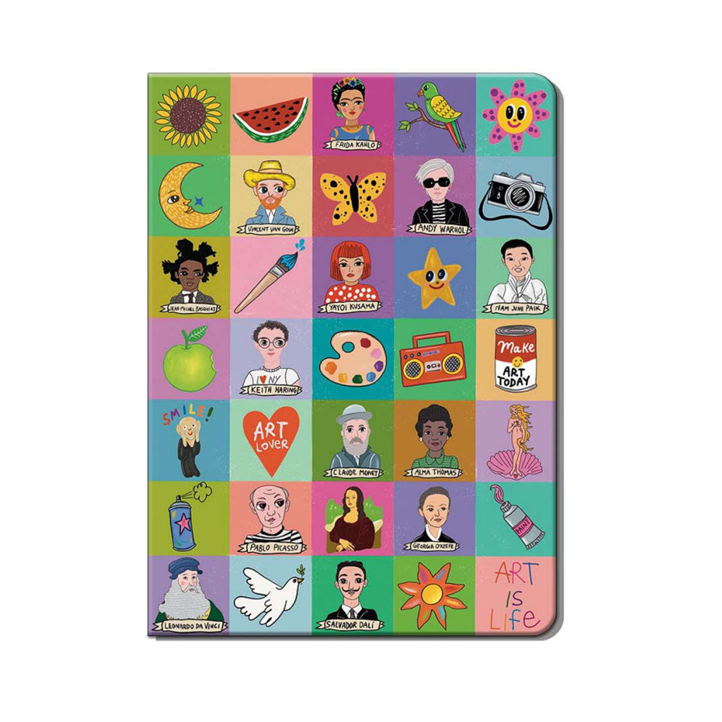 The Art Icons Journal features a colorful cover by Humberto Cruz, with illustrated squares of famous artists, art supplies, and playful objects like a camera, parrot, apple, and watermelon. "ART IS LIFE" is printed in red on the bottom right corner.