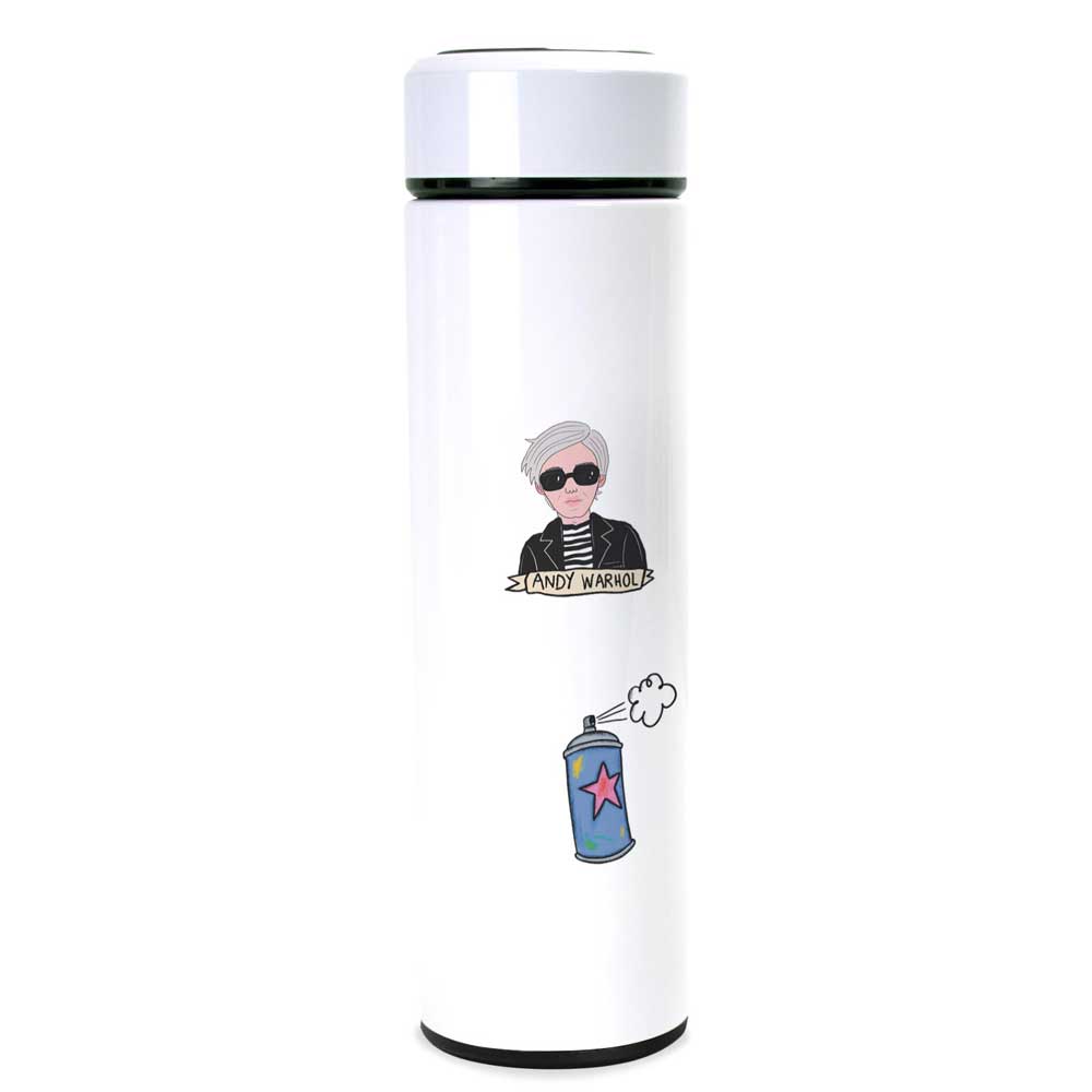 The Art is Life Water Bottle is a white thermal stainless steel bottle with a cartoon Andy Warhol wearing sunglasses and stripes, above a purple-star spray paint can with mist—a creatively designed, artist-inspired accessory.