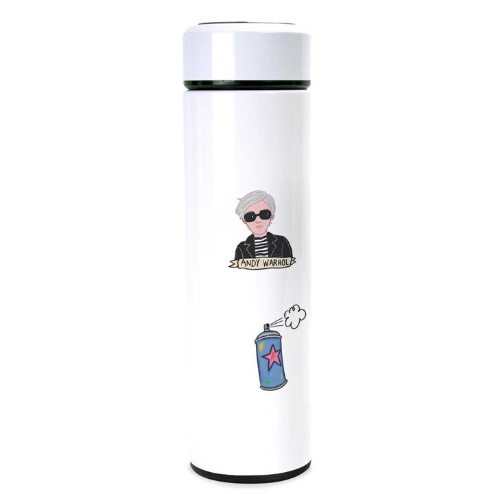 The Art is Life Water Bottle is a white thermal stainless steel bottle with a cartoon Andy Warhol wearing sunglasses and stripes, above a purple-star spray paint can with mist—a creatively designed, artist-inspired accessory.