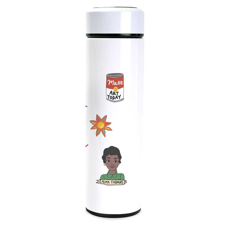 The Art is Life Water Bottle is a white thermal stainless steel bottle decorated with vibrant stickers: a can reading "Make Art Today," an orange-yellow flower, and a cartoon portrait labeled Alma Thomas—perfect for inspiring creativity.