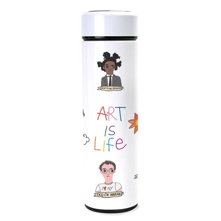 The Art is Life Water Bottle showcases vibrant "ART IS LIFE" text, portraits of Jean-Michel Basquiat and Keith Haring, plus cheerful doodles like a sun and clouds on durable thermal stainless steel.