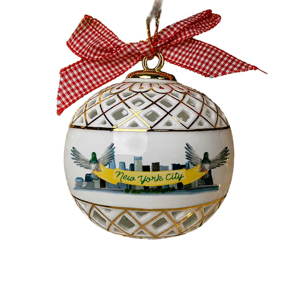 NYC Sphere Ornament with Bow by Guggenheim Museum—porcelain, gold lattice, skyline & Liberty; ideal NYC souvenir.
