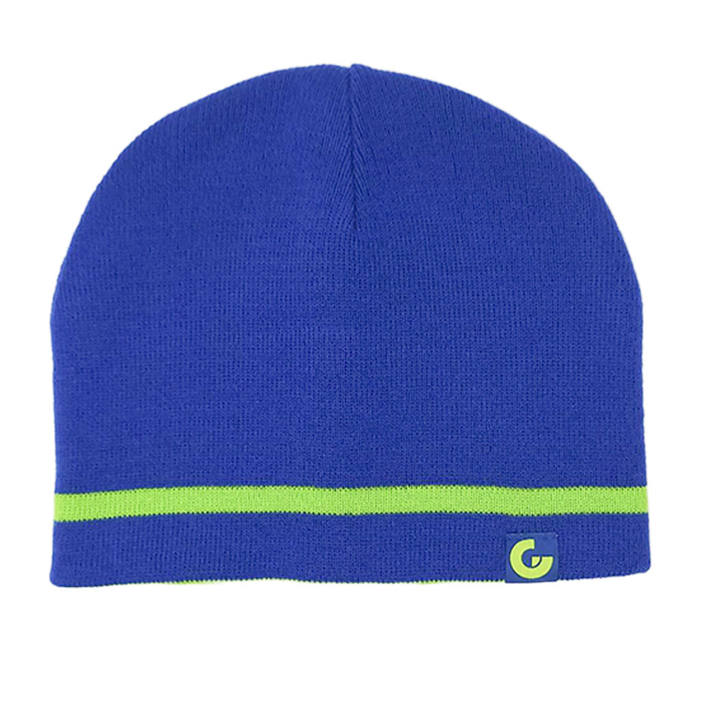 The Guggenheim Harmony & Dissonance Orphism Beanie is a modern blue knit with a green stripe and a green-and-white logo tag, bringing artistic flair to your winter look.
