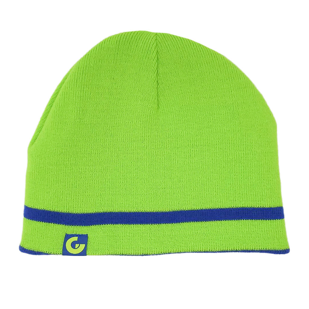 The Guggenheim Harmony & Dissonance Orphism Beanie is a bright green knit hat with a blue stripe and a blue-yellow logo patch, bringing modern art-inspired flair to your look.
