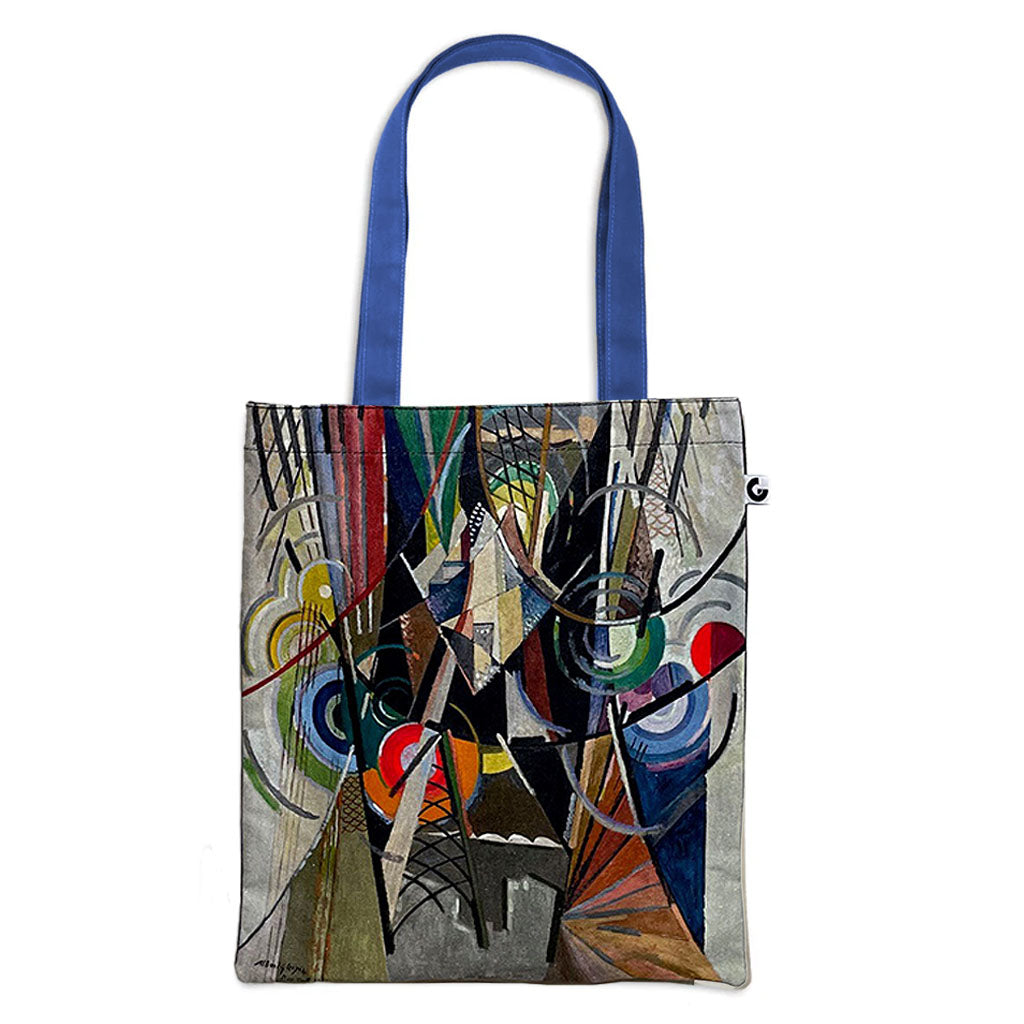 The Gleizes, On Brooklyn Bridge, Harmony & Dissonance Tote Bag features blue handles and an abstract Orphism-inspired geometric design with intersecting lines and bold shapes in vibrant red, green, blue, yellow, and black.