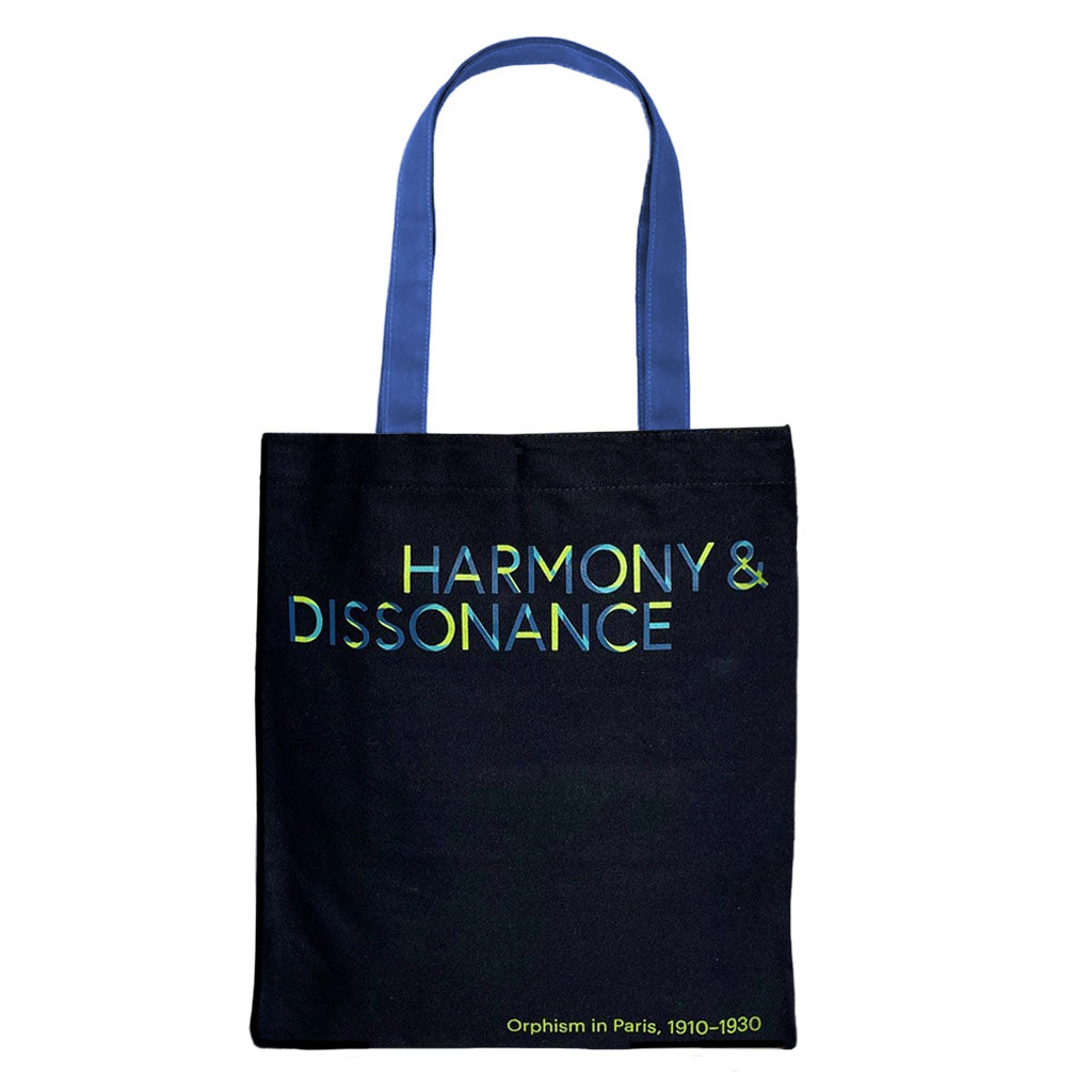 The Gleizes, On Brooklyn Bridge, Harmony & Dissonance Tote Bag is black with blue handles and displays HARMONY & DISSONANCE in blue and green letters, plus "Orphism in Paris, 1910–1930" in small green text at the bottom—a striking modern art bag.
