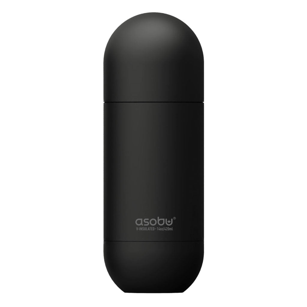 The Guggenheim Water Bottle is a matte black, cylindrical stainless steel bottle with rounded ends and leak-proof design, featuring the asobu brand near the base, shown against a white background.