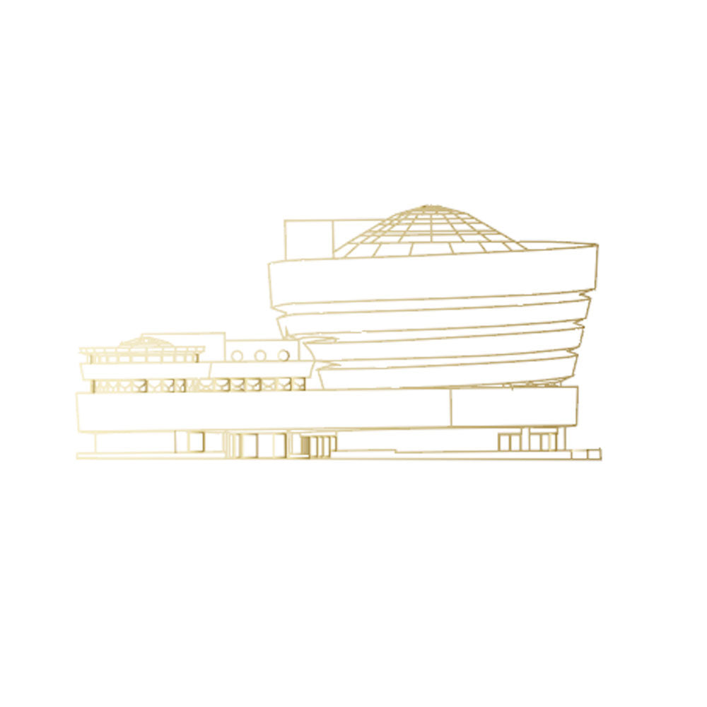 Gold line Guggenheim Museum 1959 lapel pin—minimalist dome design on white. By Guggenheim Museum.