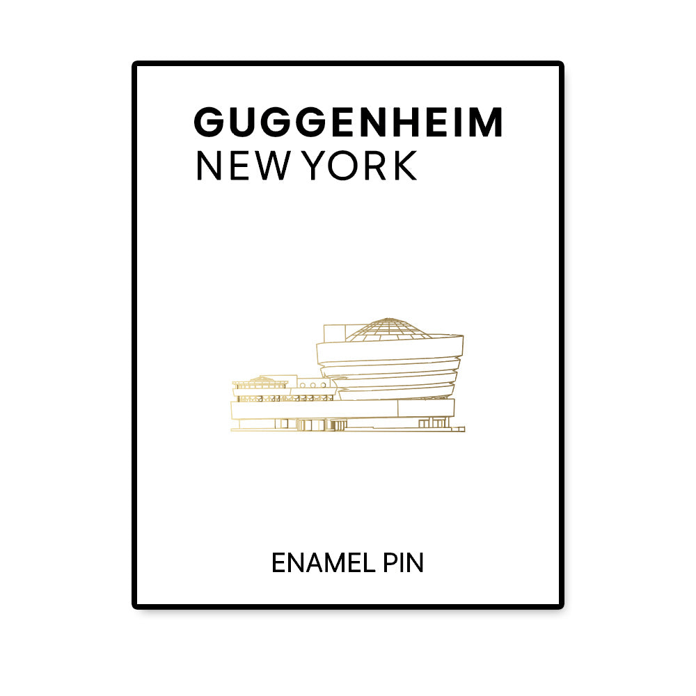 Guggenheim Museum 1959 Lapel Pin—minimalist gold design, inspired by Frank Lloyd Wright, on labeled card.