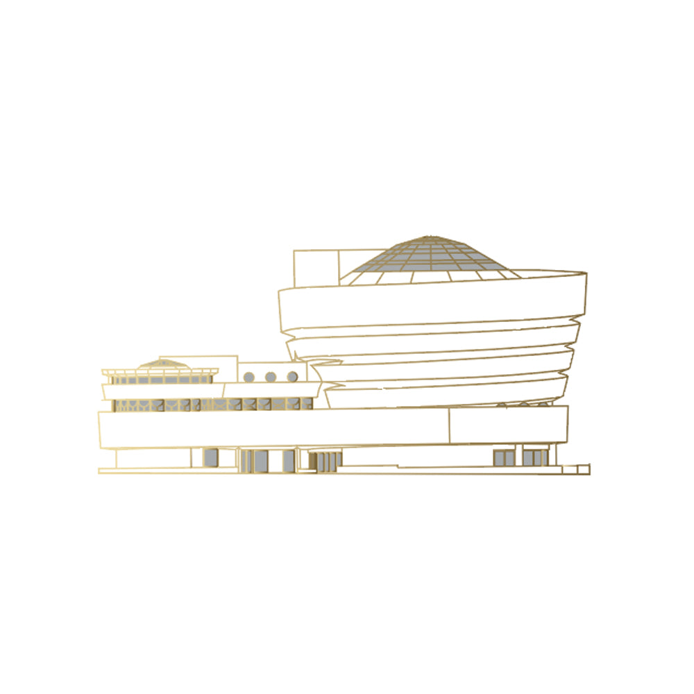 Guggenheim Museum Building Magnet: a minimalist gold outline featuring Frank Lloyd Wright’s iconic dome and tiers.
