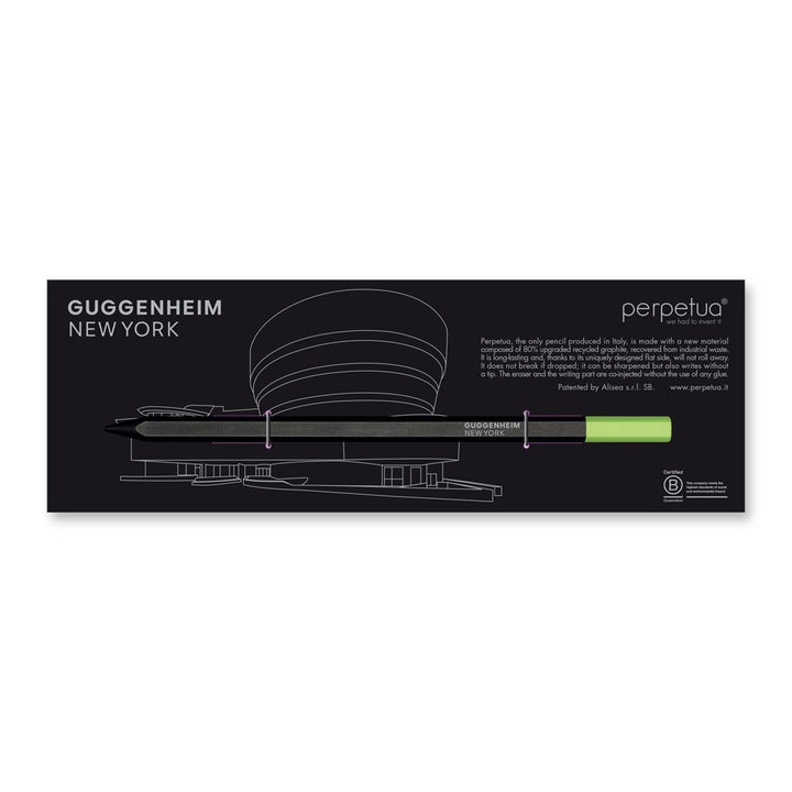 Guggenheim Museum Perpetua Pencil: black, green eraser, recycled graphite, iconic museum outline on packaging.