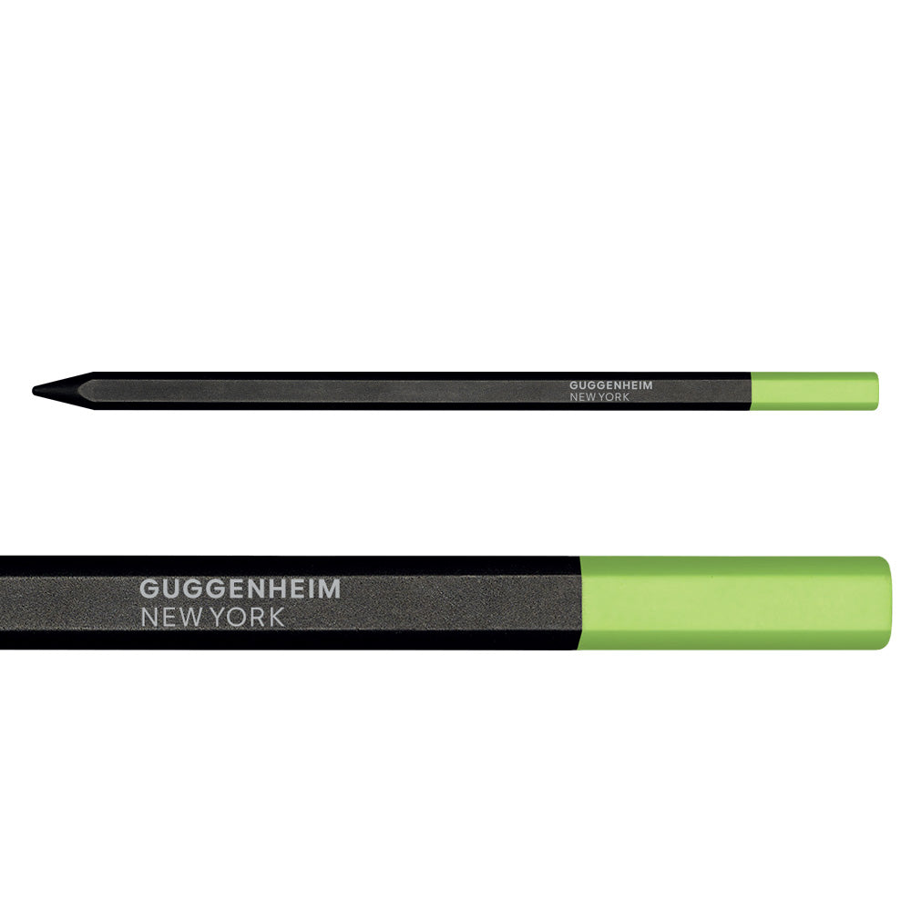 Guggenheim Museum Perpetua Pencil: black with green eraser, white logo; made with recycled graphite for sustainability.