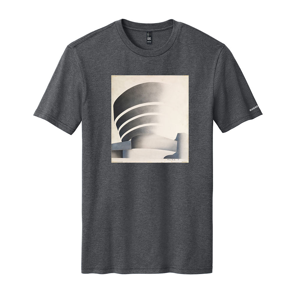 Dark gray Guggenheim Museum Richard Hamilton T-shirt with a modern white architectural drawing on the front.