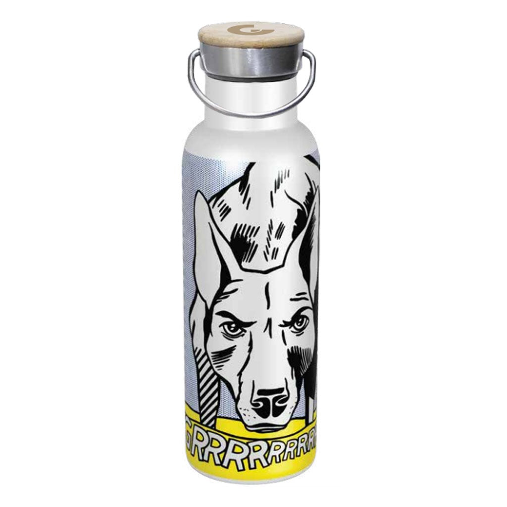 Featuring a black and white dog’s face, wooden cap, metal handle, and bold yellow “RRRRR,” the GRRRRRRRRRRR!! Water Bottle is a fun and functional stainless steel pop art accessory.