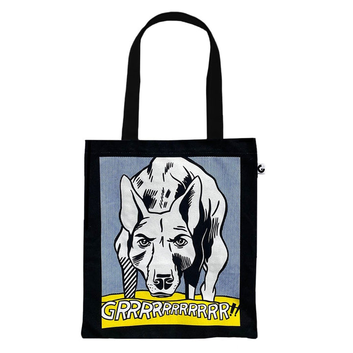 The GRRRRRRRRRRR!! Tote is a black cotton bag with a pop art growling dog illustration and bold yellow "GRRRRRRRR!!" text—a must-have statement piece for fans of pop art totes.
