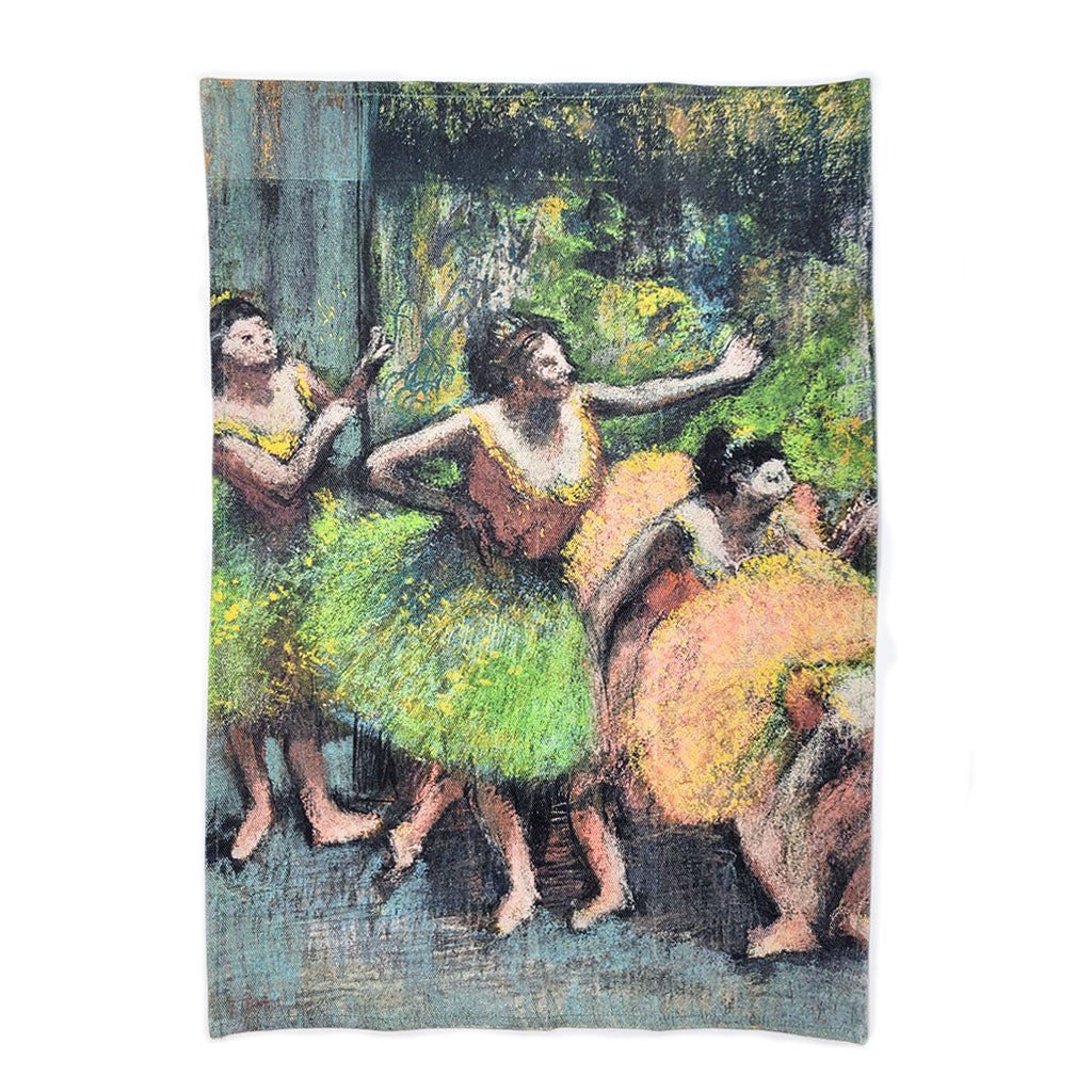The Degas, Dancer Tea Towel beautifully features four ballerinas in vibrant tutus and expressive poses backstage, set against a lush, textured background inspired by impressionist art.