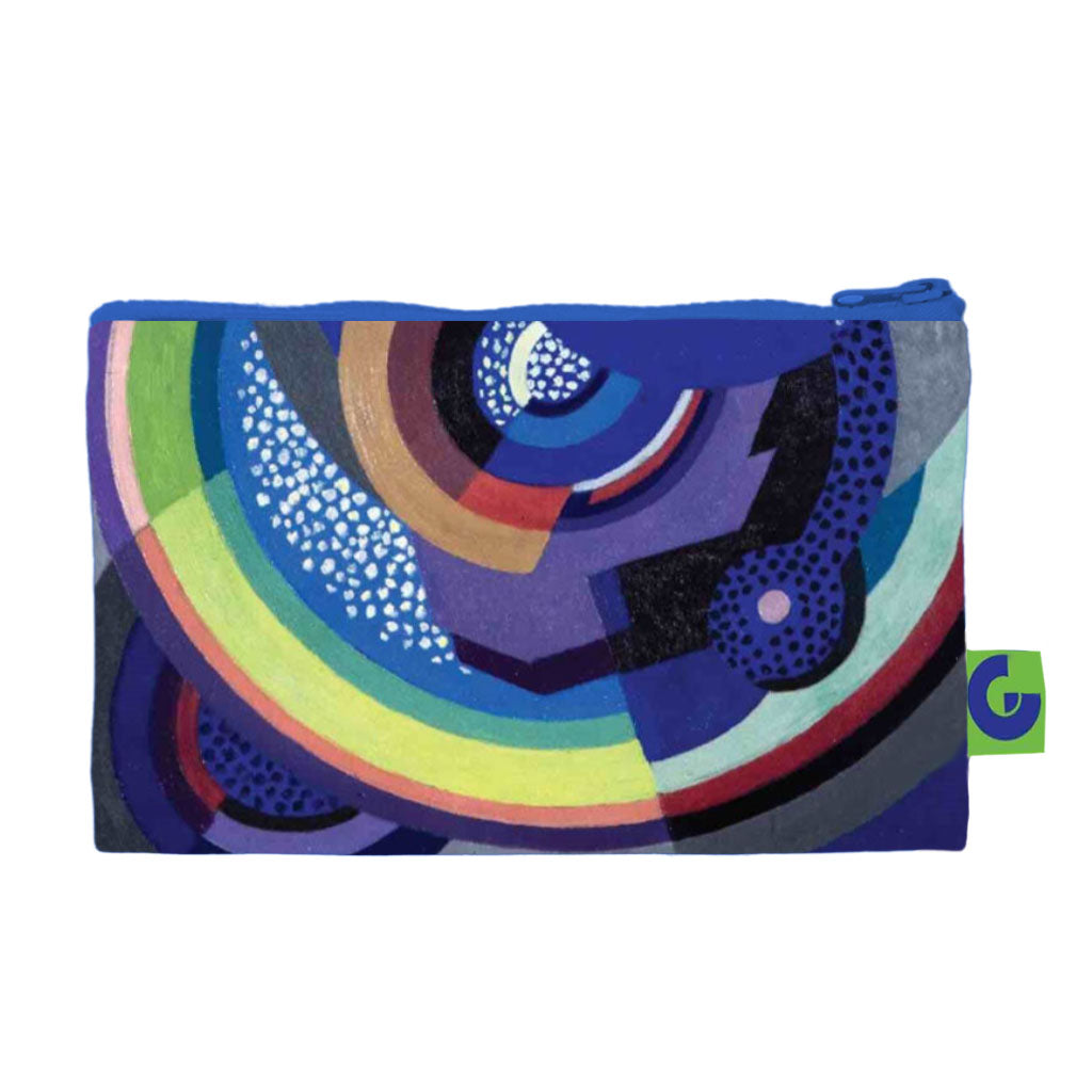 The Jellett, Painting Zip Pouch is a rectangular zippered pouch with an abstract geometric design inspired by Mainie Jellett, featuring curved shapes, rainbow arcs, dots, and shades of blue, purple, yellow, and green.