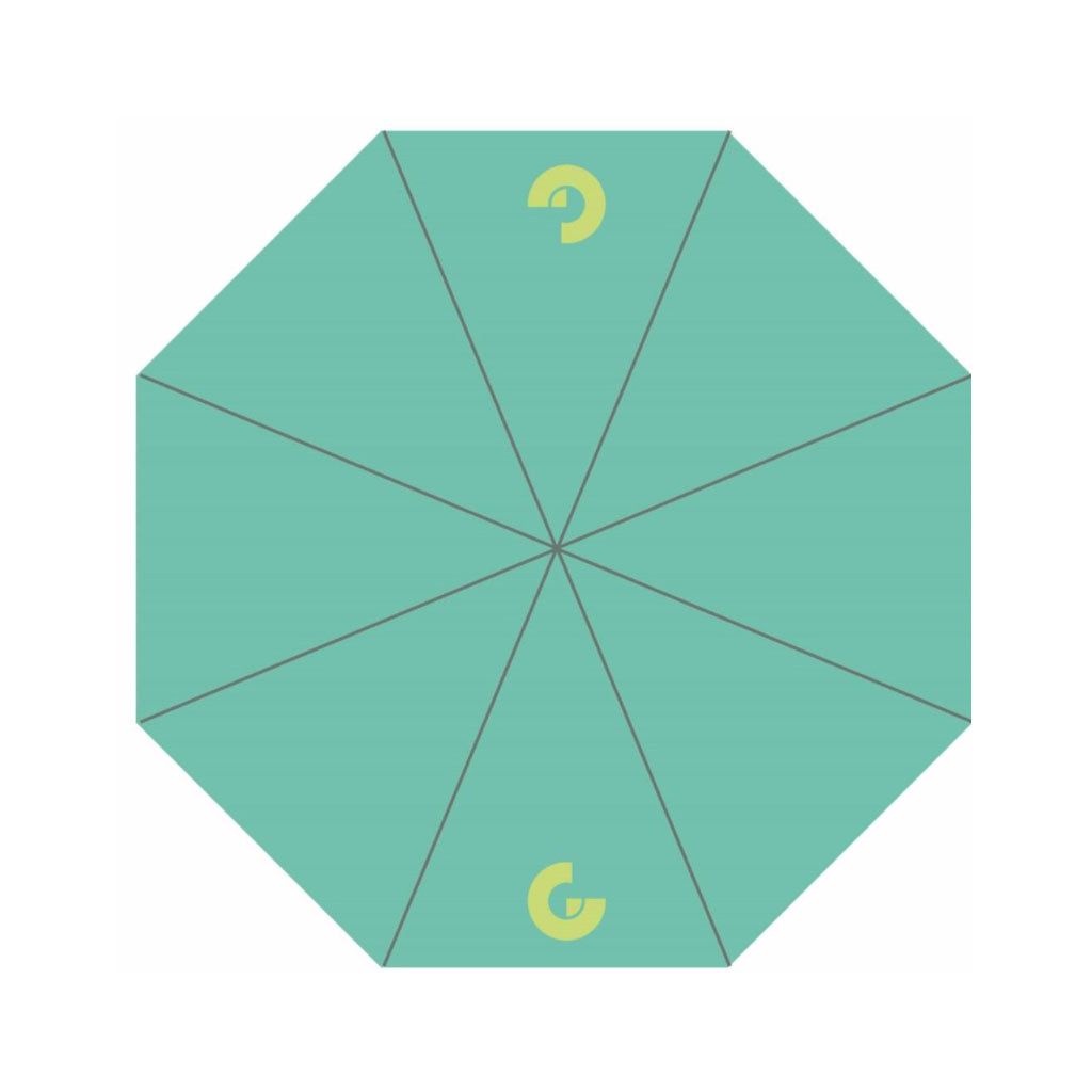 The Delaunay, Circular Forms Umbrella features a teal octagonal design split into eight sections by thin lines, accented with yellow-green semicircles at the top and bottom, all set against a white background for an artistic effect.