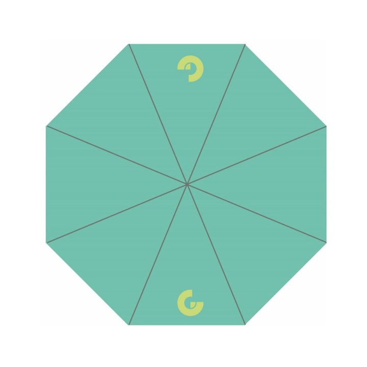 The Delaunay, Circular Forms Umbrella features a teal octagonal design split into eight sections by thin lines, accented with yellow-green semicircles at the top and bottom, all set against a white background for an artistic effect.