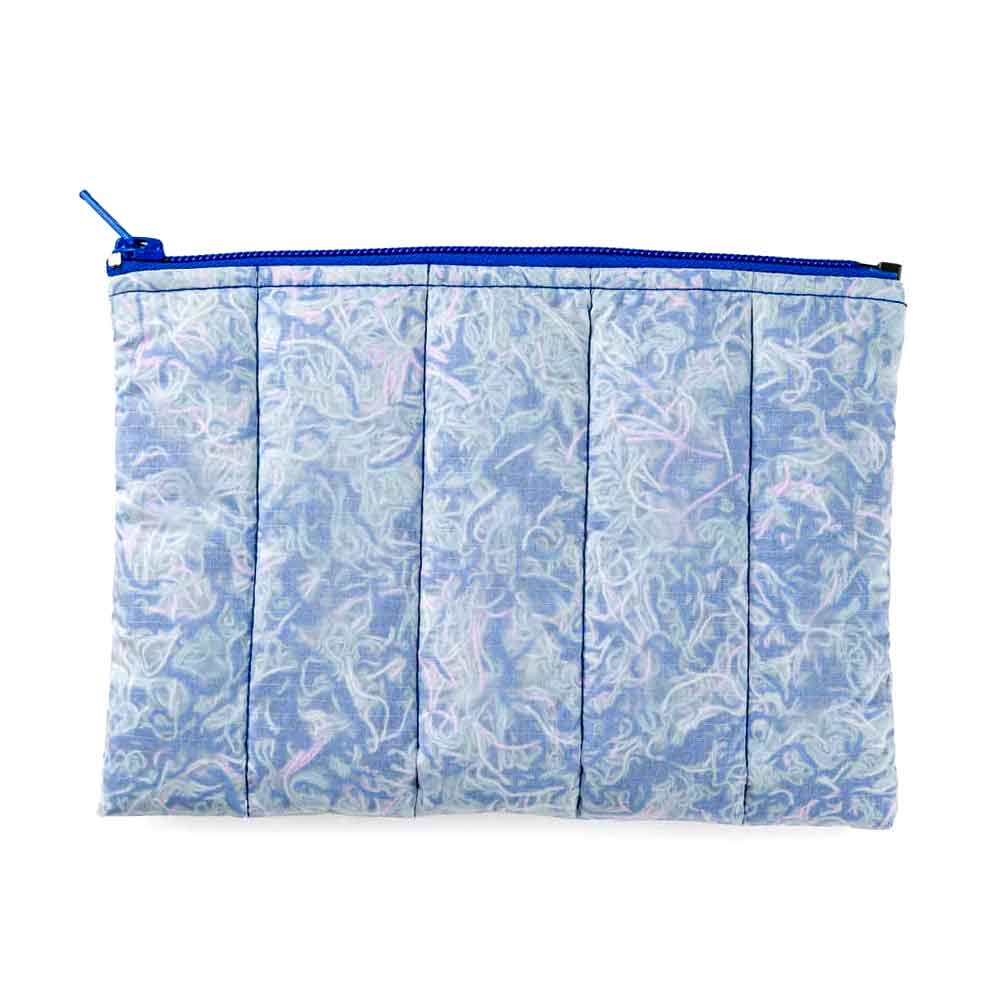 The Scrap Stuffed Pouch is a rectangular, quilted zipper pouch with a blue and purple marbled pattern, made from eco-friendly scrap yarn and finished with a blue top zipper.