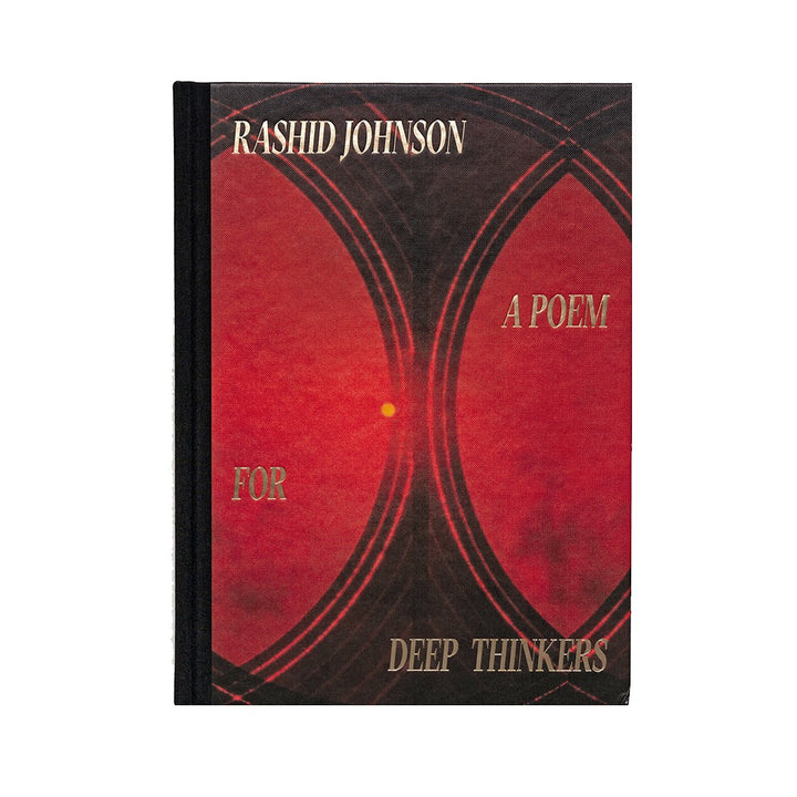 Featuring a red and black abstract cover, Rashid Johnson: A Poem for Deep Thinkers celebrates contemporary art with its gold-lettered title across the front.
