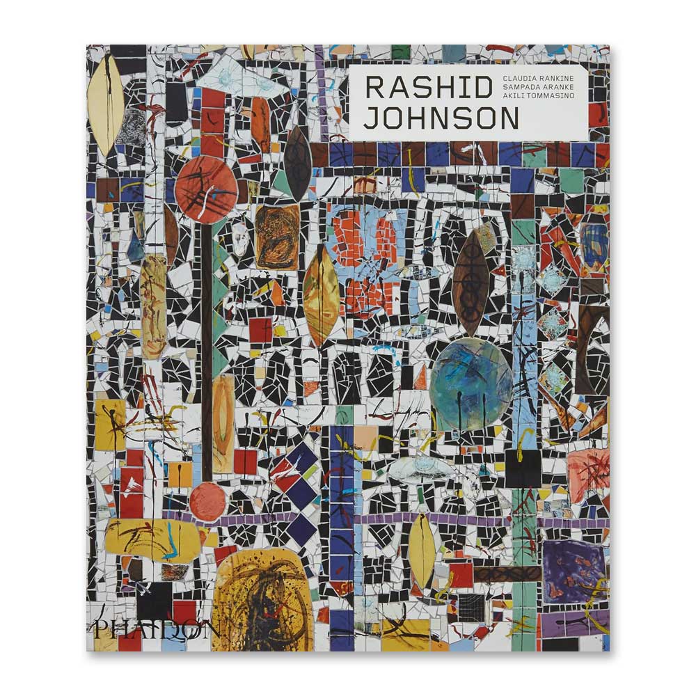 The image shows the cover of "Rashid Johnson (Phaidon Contemporary Artists Series)," featuring a vibrant mosaic of abstract, fragmented tiles and patterns, with the title displayed in a white box at the top right.