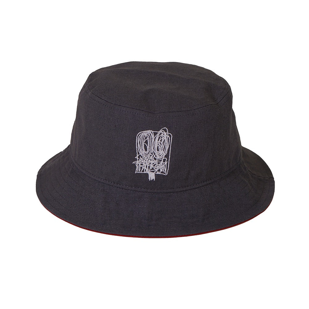 The Rashid Johnson Bucket Cap, Untitled Anxious Men, is a unisex hat featuring a white abstract line art design on the front inspired by Rashid Johnson's signature style.