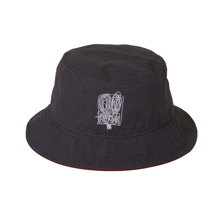 The Rashid Johnson Bucket Cap, Untitled Anxious Men, is a unisex hat featuring a white abstract line art design on the front inspired by Rashid Johnson's signature style.