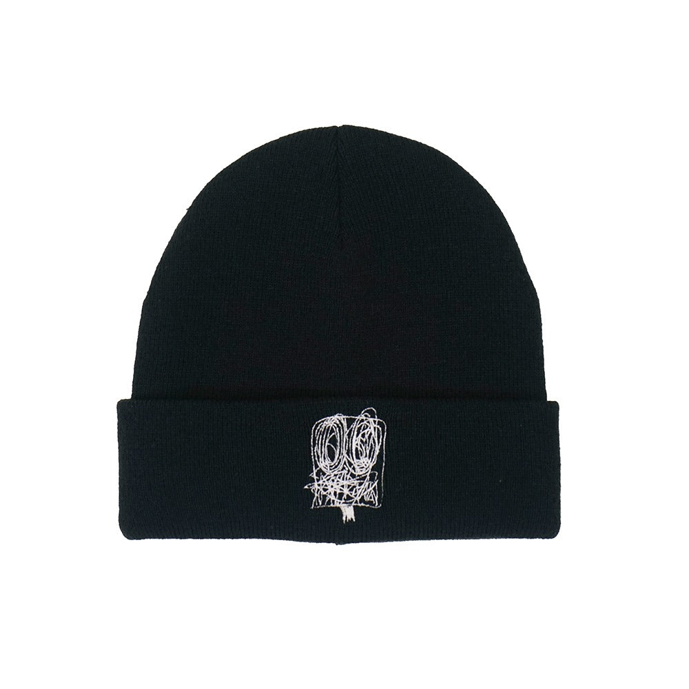 The Rashid Johnson Beanie, Untitled Anxious Men, is a black beanie with a folded brim featuring a white embroidered abstract face from the artist’s Untitled Anxious Men series.